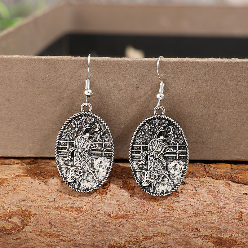 Wholesale Bohemian Cowboy Vintage Oval Embossed Distressed Earrings - Alloy Jewelry Accessory for Women