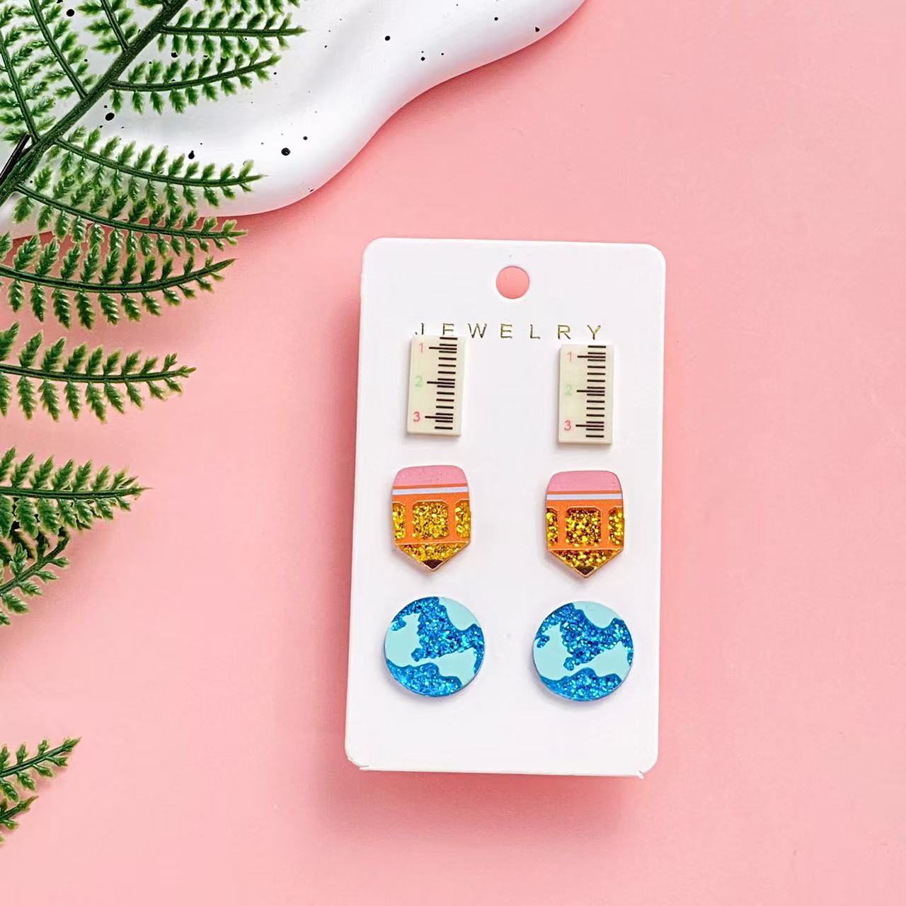 Wholesale Teacher's Day Pencil Drawing Board Earth Acrylic Printed Back to School Earrings