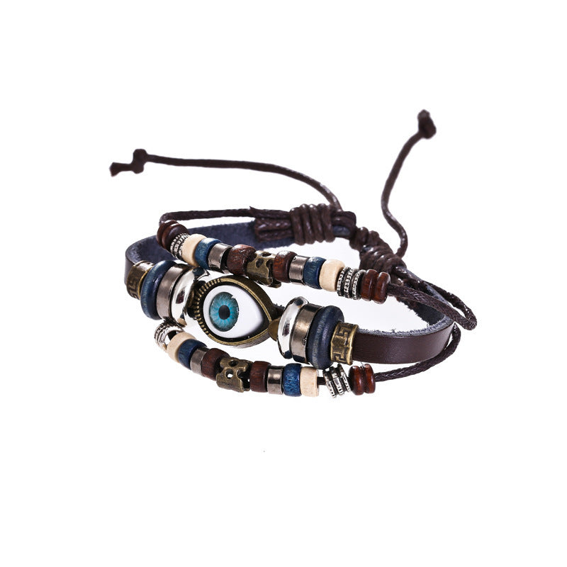 Wholesale Vintage Multi-layered Cowhide Eye Braided Bracelet Leather Layered Bracelet Set ACC-BT-Pufei004