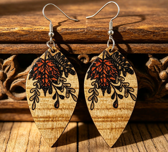Wholesale Wooden Retro Ethnic Earrings With Printed Floral Geometric Pendant Fashion Accessory Boutique Resale Gift