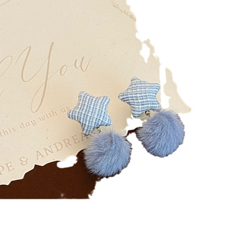 Wholesale five-angle star blue mink fur ball earrings