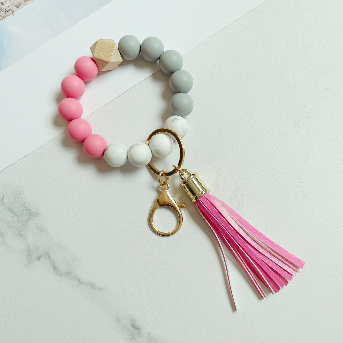 Wholesale Silicone Beads Bracelet Wooden Beads Leopard Print Cow Print Wristlet Keychain ACC-KC-Jinz001