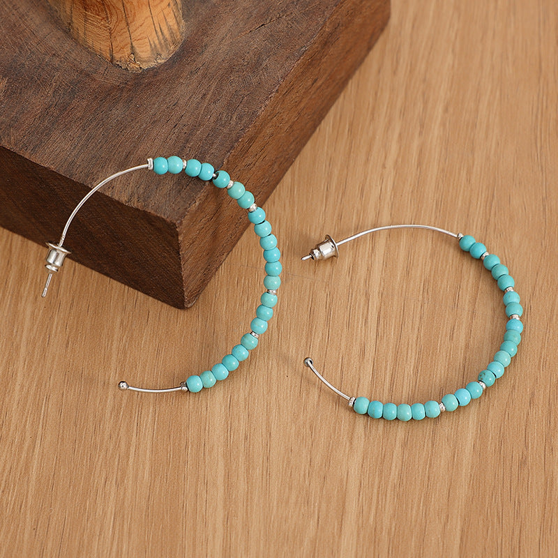 Wholesale Bohemian Retro Turquoise Beaded C-Shaped Earrings Electroplated Alloy Fashion Accessory