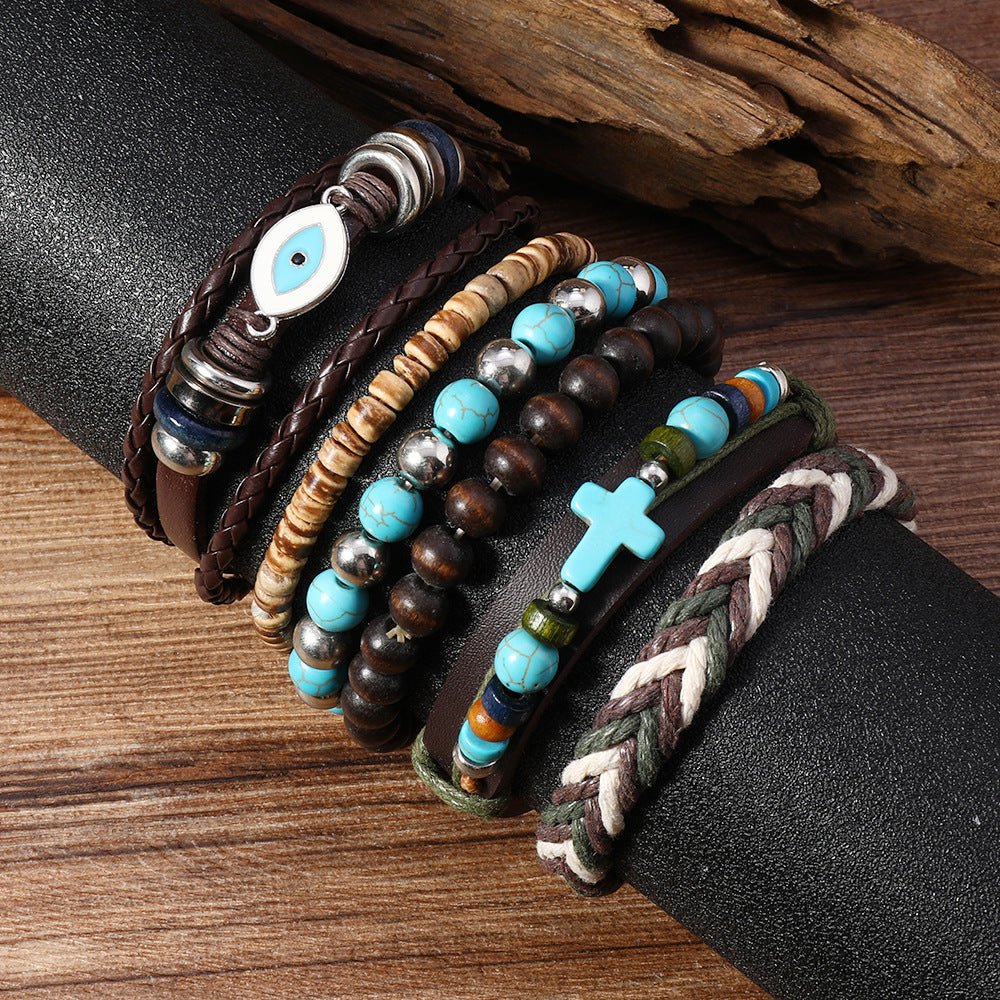 Wholesale Evil Eye Cross Bohemian Beaded Stretch Bracelet Turquoise nut Shell Wood Beads Handmade Unisex Fashion Accessory