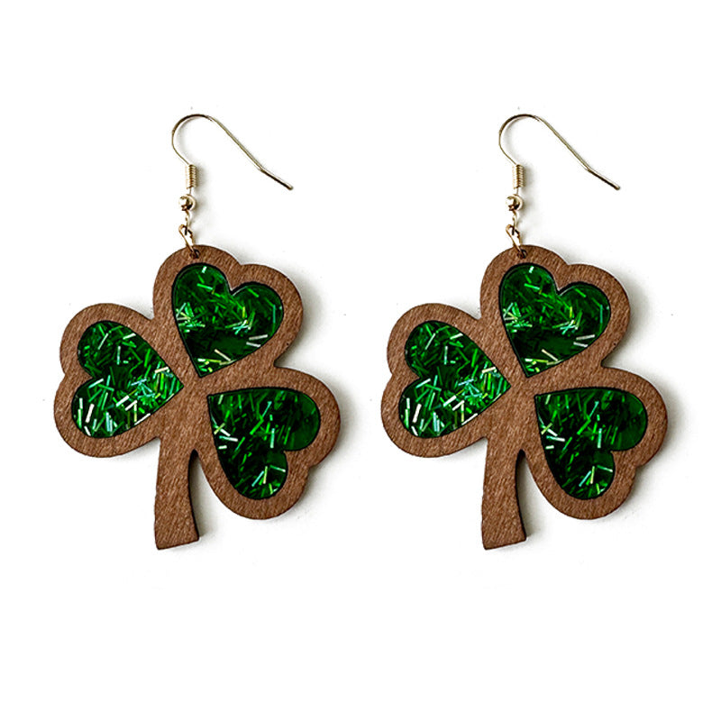 Wholesale Four Leaf Clover Acrylic St. Patrick's Day Wood Grain Inlay Earrings