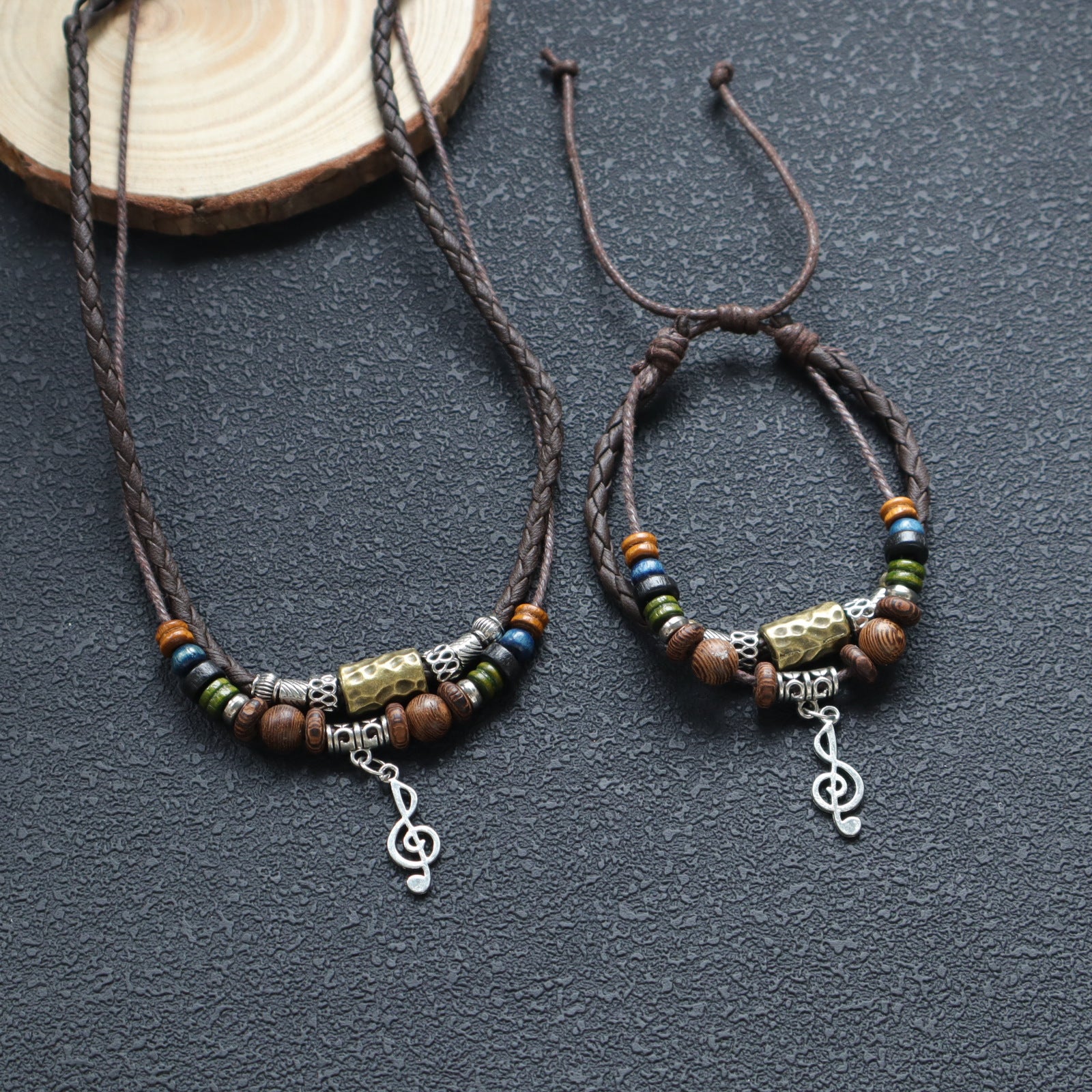 Wholesale Handmade Leather Layered Wood Bead Necklace With Turquoise Pendant Vintage Retro Unisex Fashion Jewelry Gift