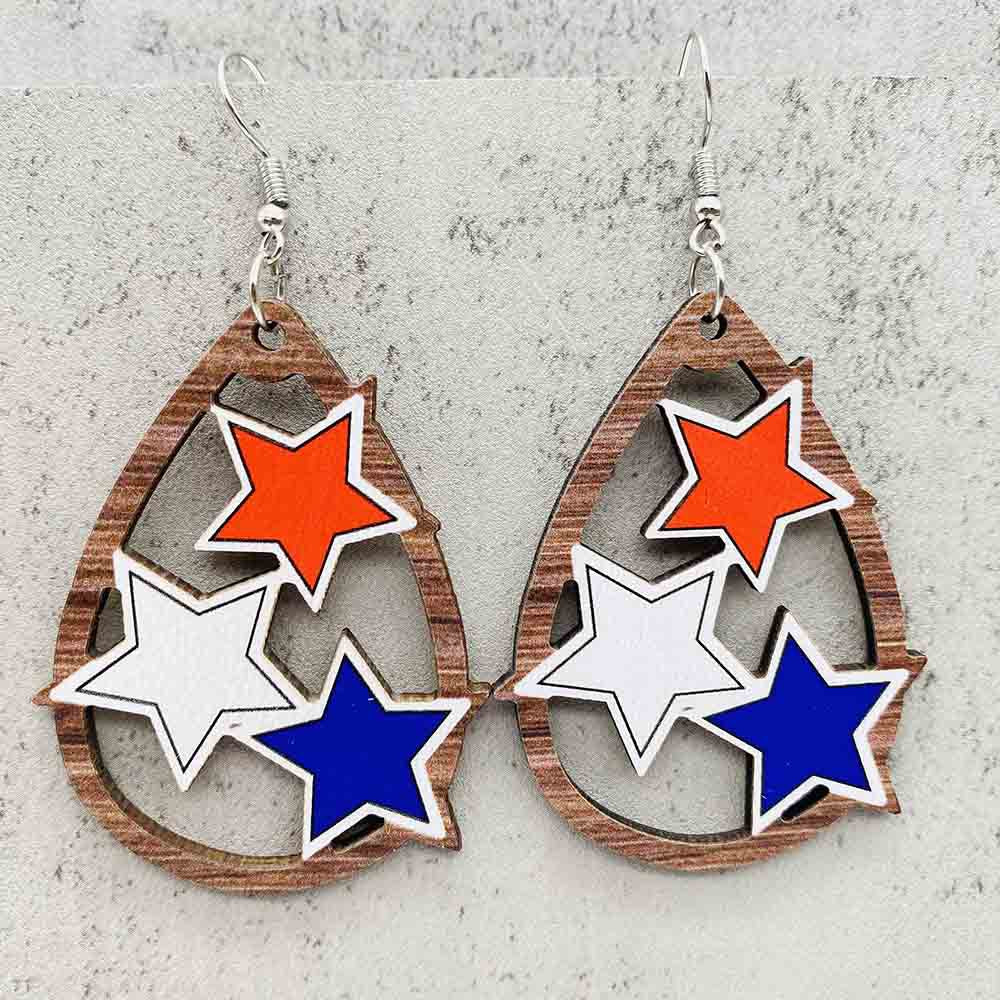 Wholesale American Independence Day Five Pointed Star Wooden Earrings ACC-ES-CY020