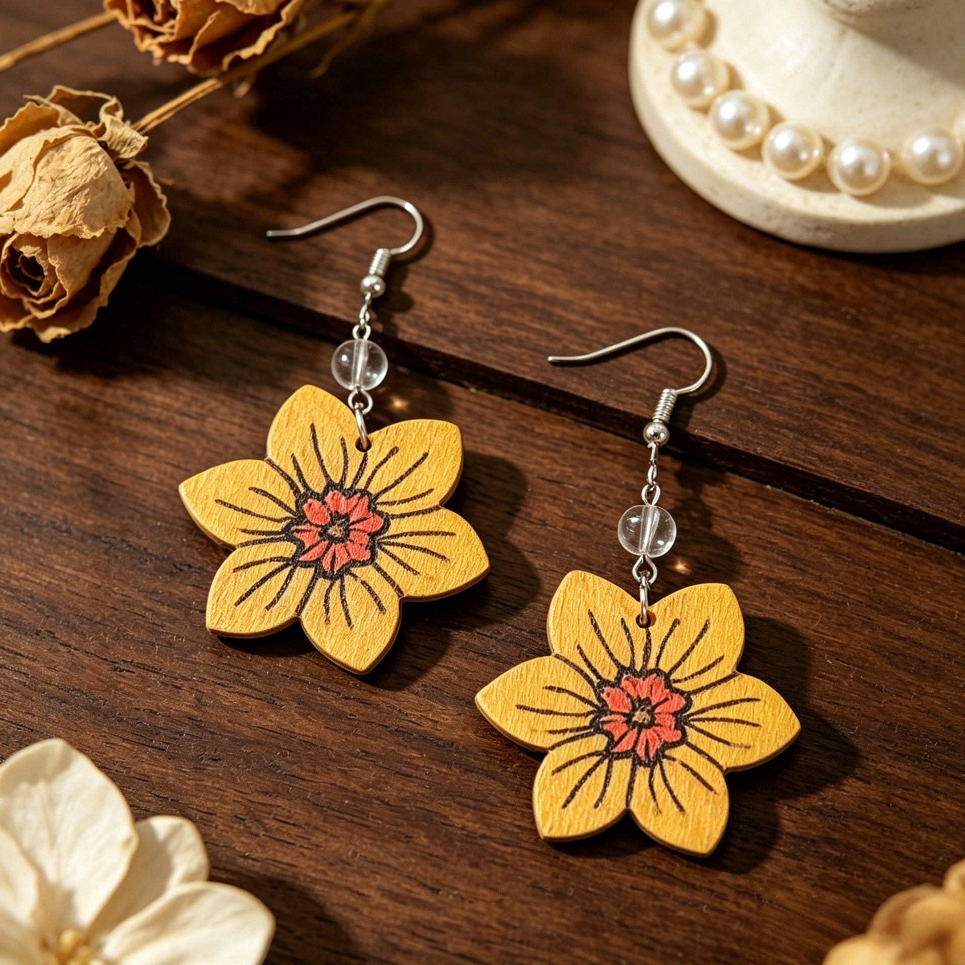 Wholesale Retro Yellow Floral Wooden Earrings with Transparent Beads - Jewelry Accessory for Boutique Resale