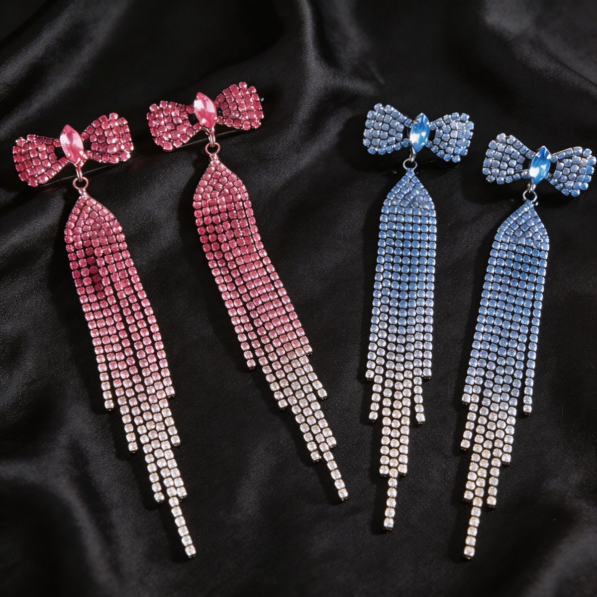 Wholesale Copper Rhinestone Bow Tassel Earrings European Style Party Wear