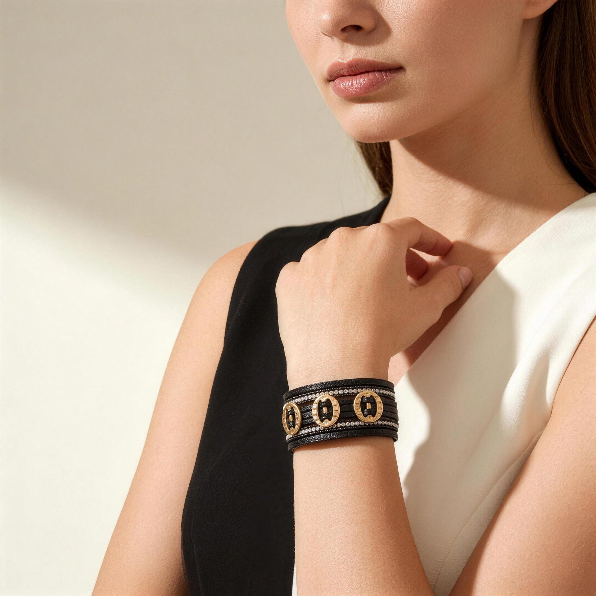 Wholesale Women S Multi Layer PU Leather Bracelet With Gold Plated Buttons And Rhinestones Magnetic Clasp Fashion Jewelry Accessory For Everyday Wear