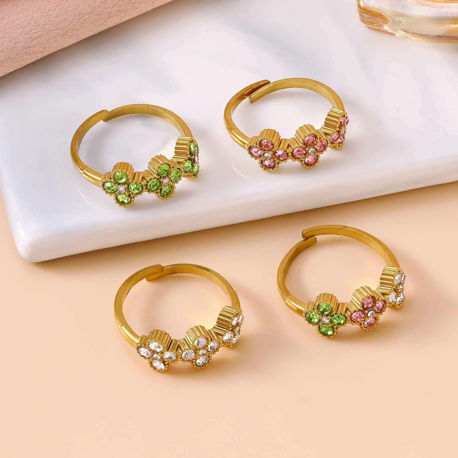 Wholesale Stainless Steel Adjustable Four Leaf Clover Ring Vintage Zircon Flower Design Stylish Everyday Wear For Women
