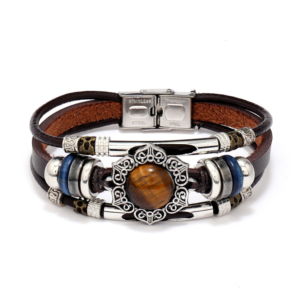 Wholesale 3PCS Leather natural stone multi-layer bracelet