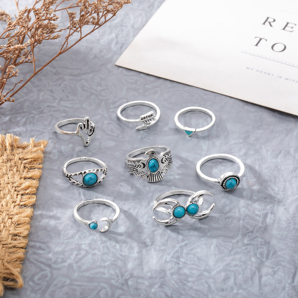 Wholesale Vintage Turquoise Eagle Cactus Moon Arrow 8-Piece Ring Set