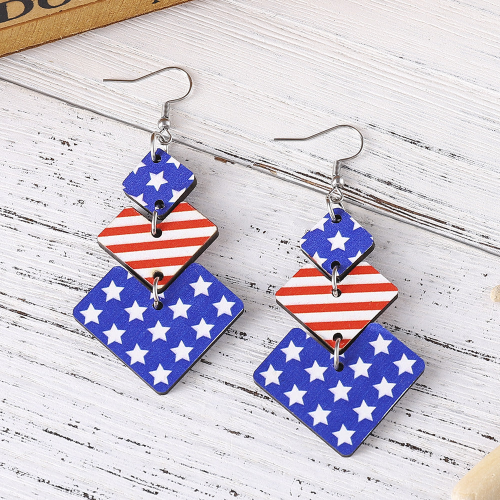 Wholesale of American Independence Day Red, White, Blue Striped Star Ice Cream Patchwork Wooden Double-sided Earrings ACC-ES-ChuLian009