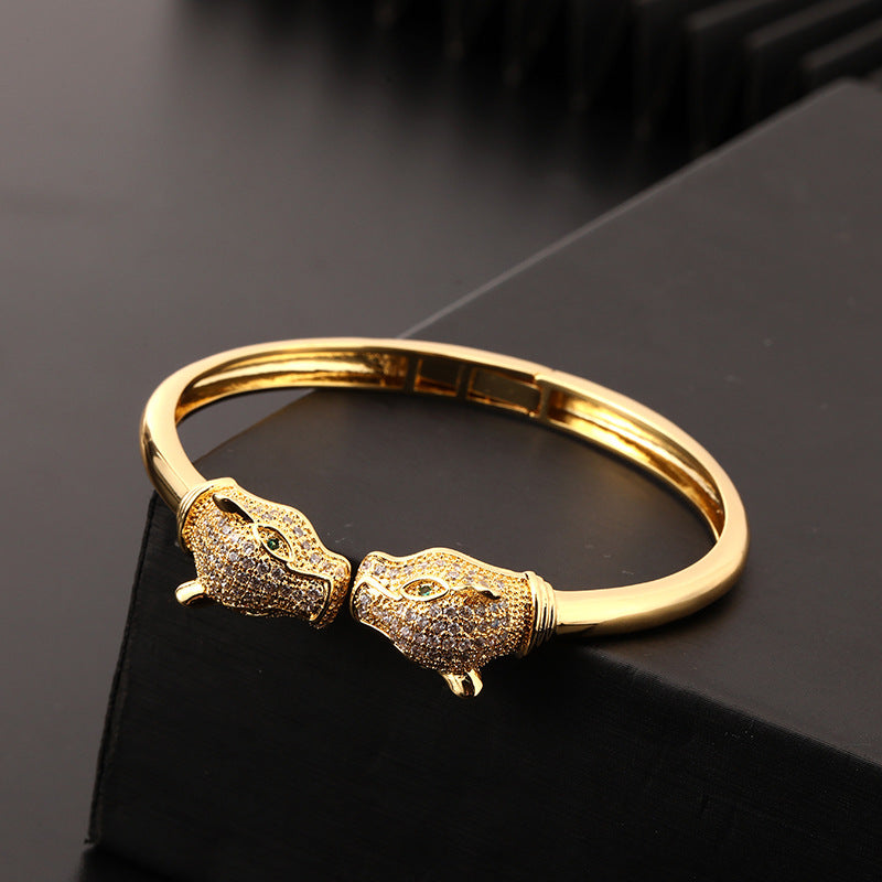 Wholesale Electroplated Copper Leopard Open Bangle With Zircon Trendy Hip Hop Style Jewelry Accessory For Everyday Wear