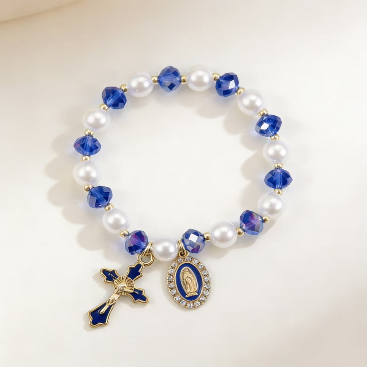 Wholesale Alloy man-made pearl beaded flower and cross Virgin Mary bracelet