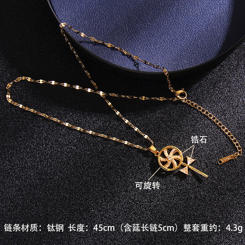 Wholesale Zircon Rotating Four Leaf Clover Flower Pendant Titanium Steel Necklace ACC-NE-Rongc006