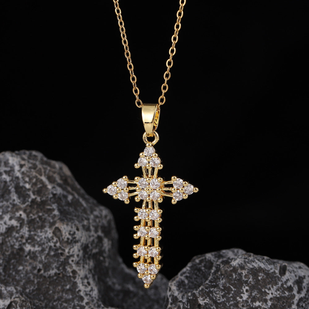 Wholesale Stylish Cross Pendant Necklace For Women Gold Plated Copper With Zircon Fashion Accessory Gift