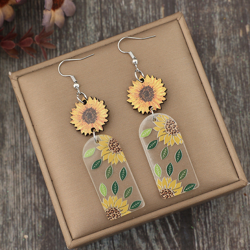 Wholesale Retro Style Geometric Acrylic Printed Flower Splicing Wooden Sunflower Earrings