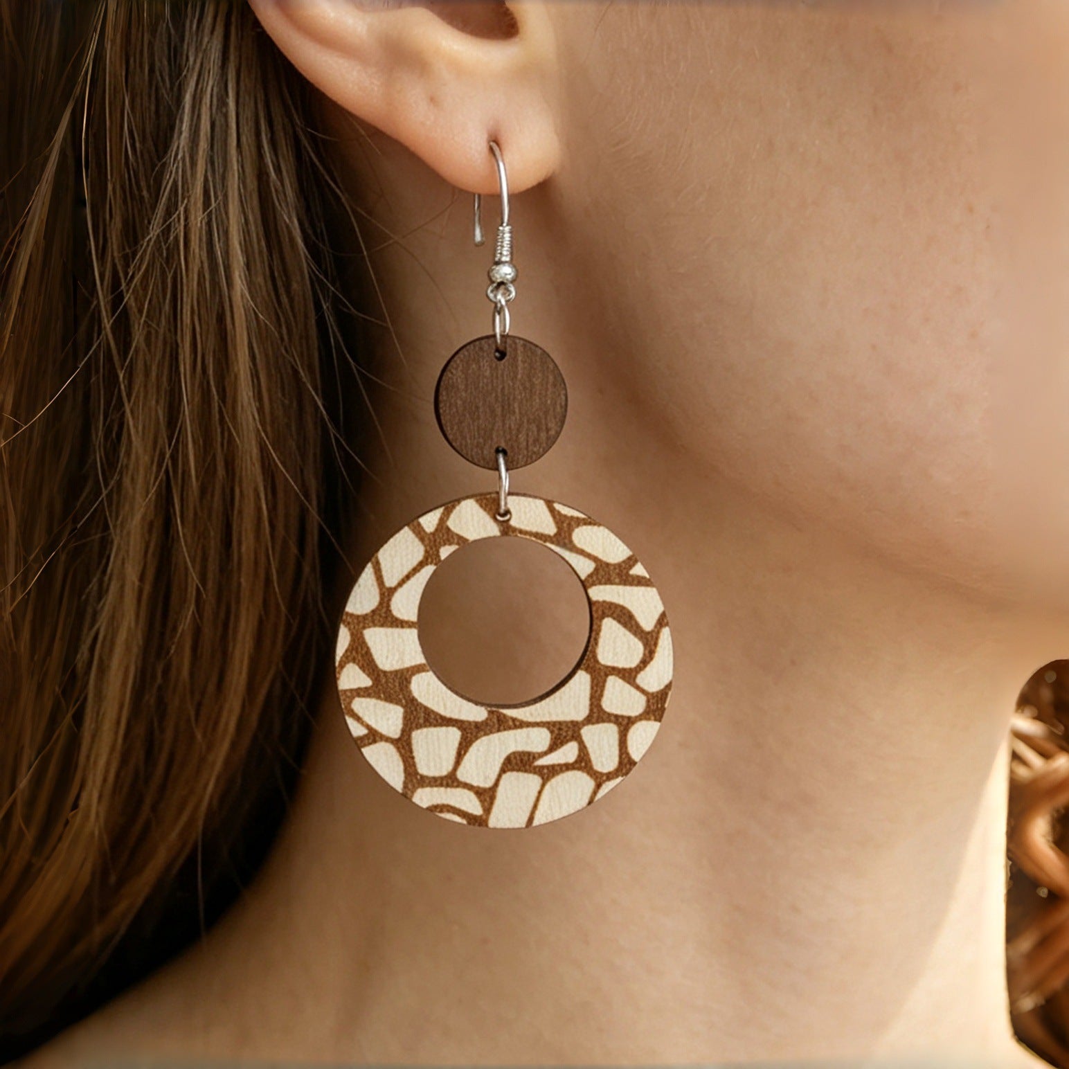Wholesale Wooden Boho Geometric Dangle Earrings Vintage Stone Grain Double Layer Design For Casual Everyday Wear And Gift