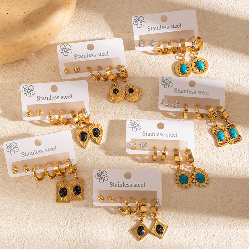 Wholesale Vintage Stainless Steel Earrings with Turquoise Rhinestones Fashion Accessory