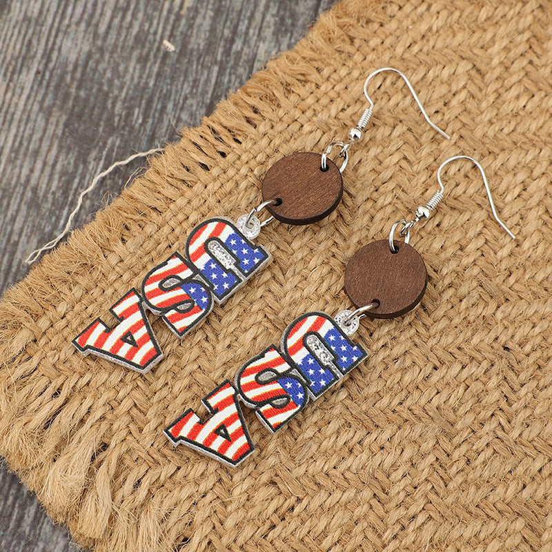 Wholesale  Independence Day Printed USA Acrylic Splicing Wood Pieces Earrings