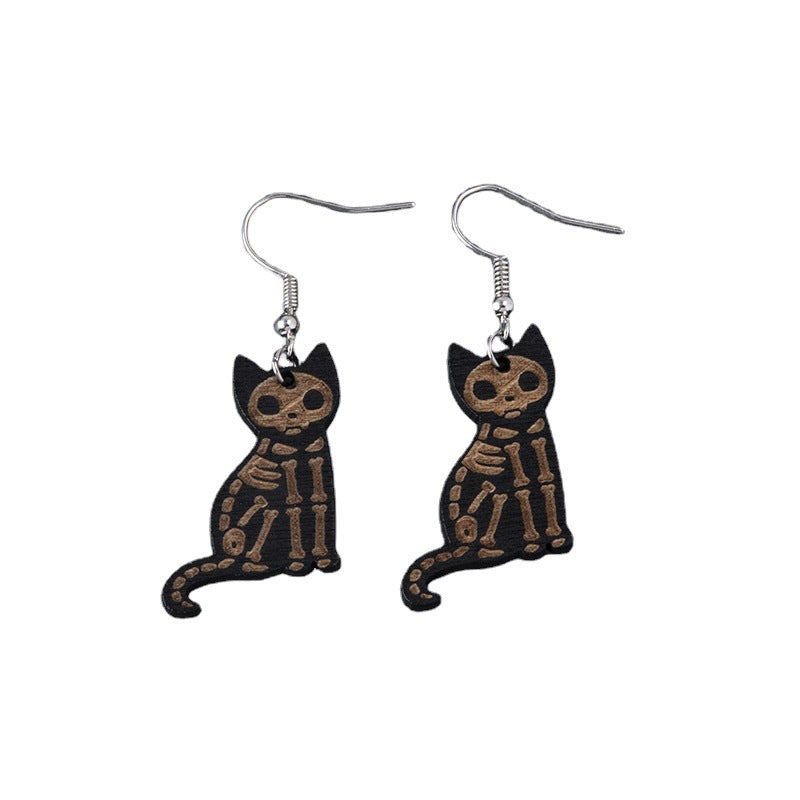 Wholesale Halloween Black Cat Skull Cat Wood Earrings ACC-ES-FuSu012