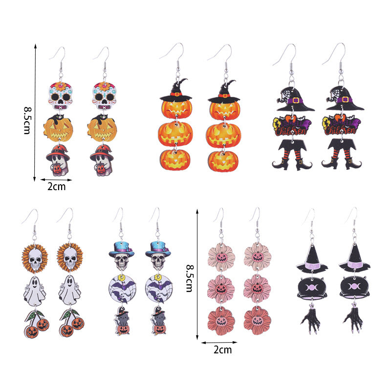 Wholesale Acrylic Earrings Ghost Pumpkin Bat  Skull Long  Halloween Earrings
