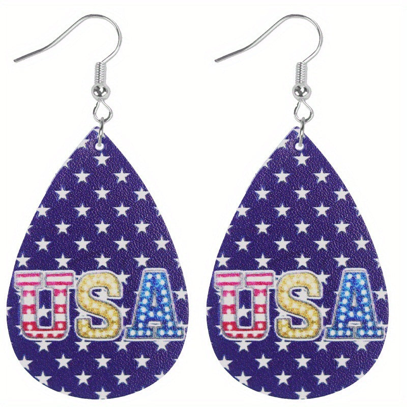 Wholesale Double-sided printing American Independence Day water drop leather earrings