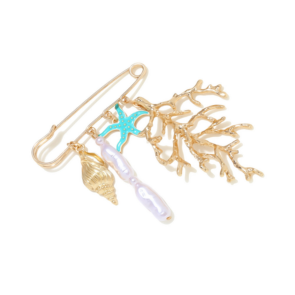 Wholesale Exaggerated coral dripping starfish patchwork Baroque pearl brooch,  creative marine element waist pin