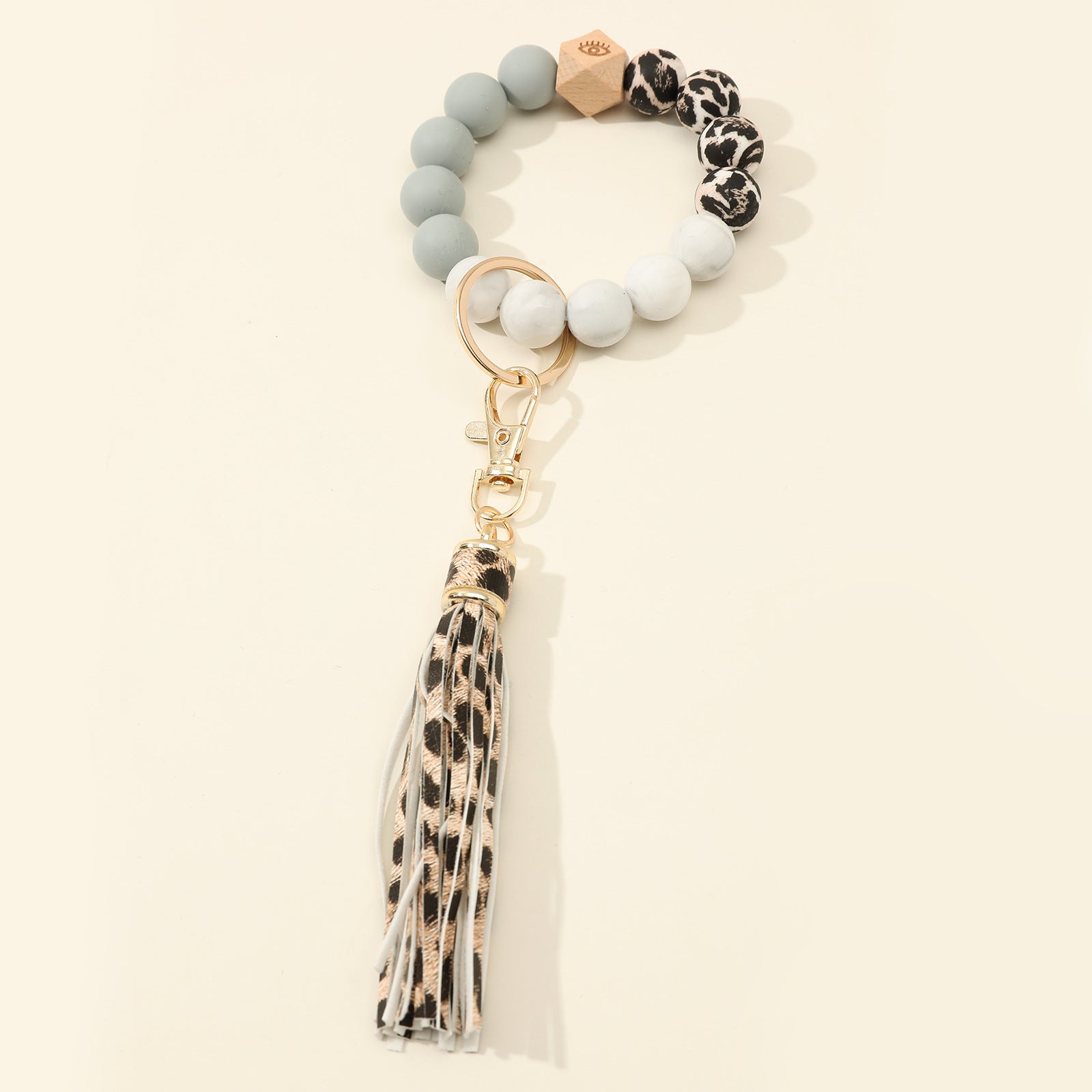 Wholesale Silicone Beads Bracelet Wooden Beads Keychain Wristlet Keychain ACC-KC-Jinz003