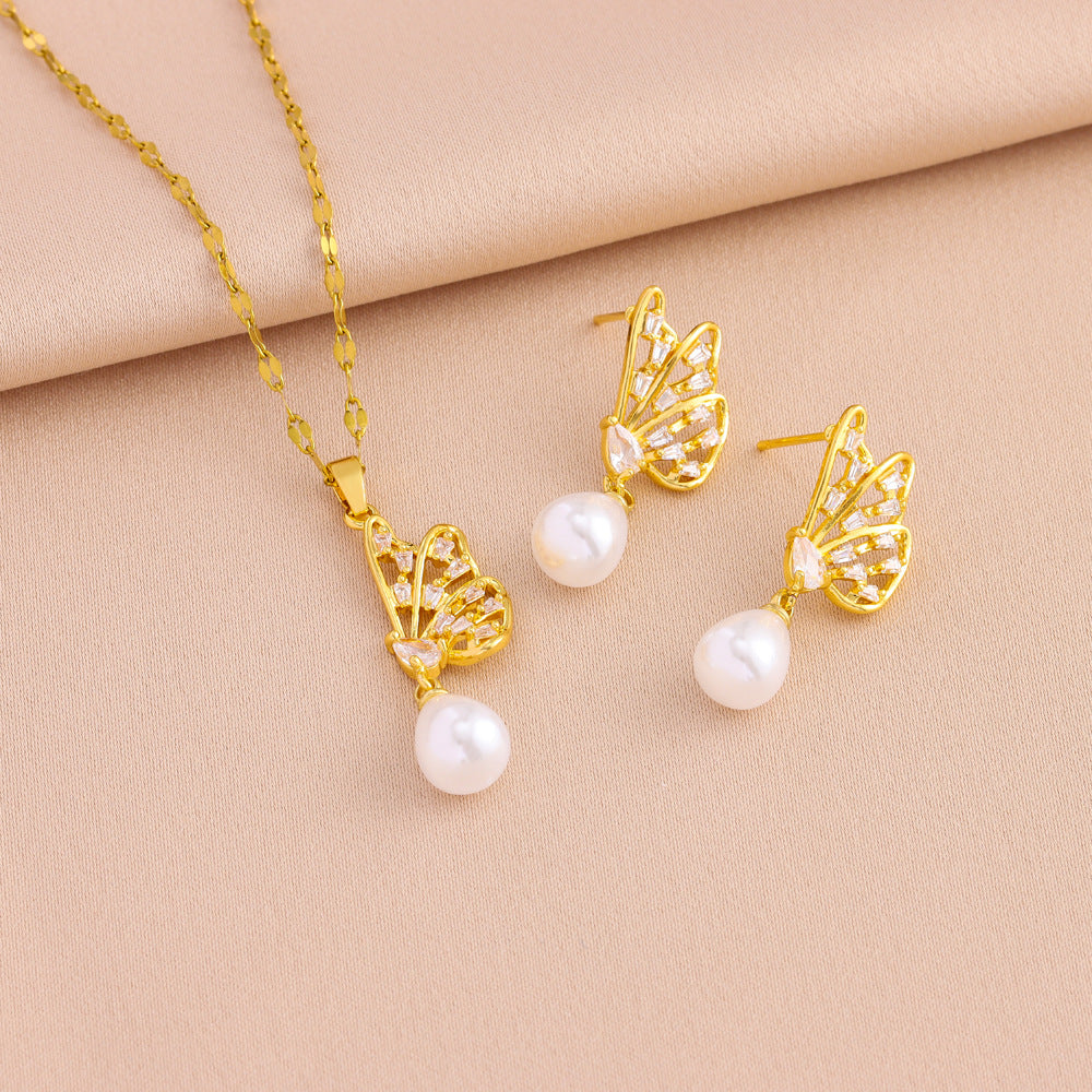 Wholesale Light Luxury  Zircon Inlaid Half Butterfly Pearl Pendant Women's Titanium Steel Necklace Earrings suit Jewelry