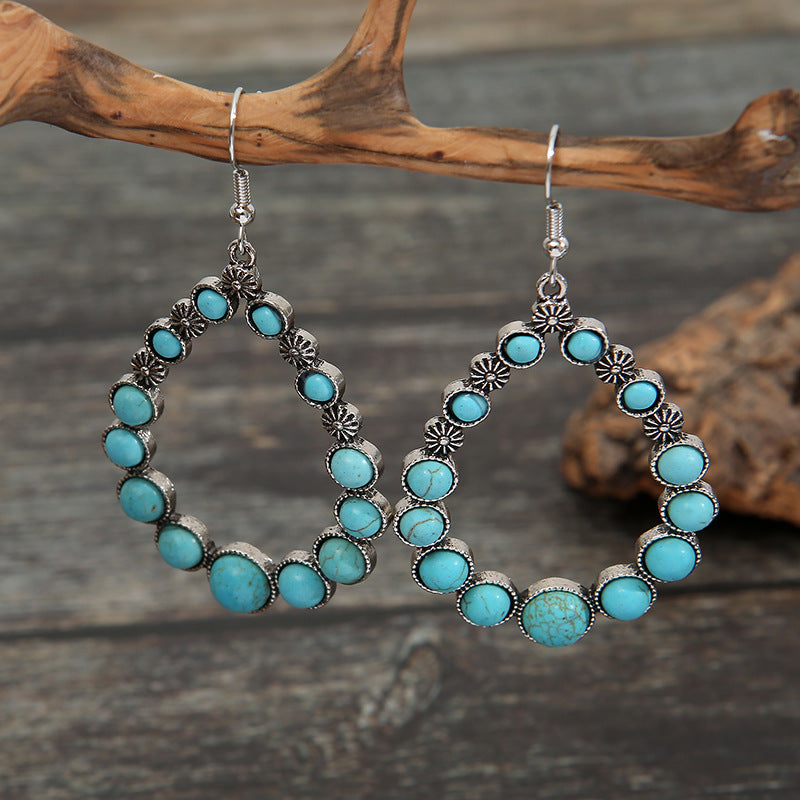 Wholesale Silver Alloy Geometric Hollow Turquoise Drop Earrings Ethnic Style Fashion Jewelry Accessory
