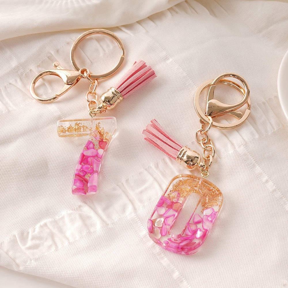 Wholesale  Resin Glue English Numbers Pink Tassel Rose Red Gold Foil Keychain