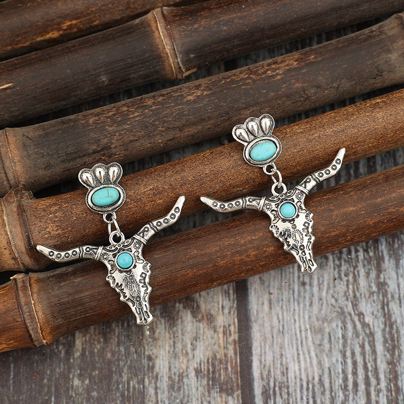 Wholesale Retro Creative Carved Turquoise Bull Head Earrings