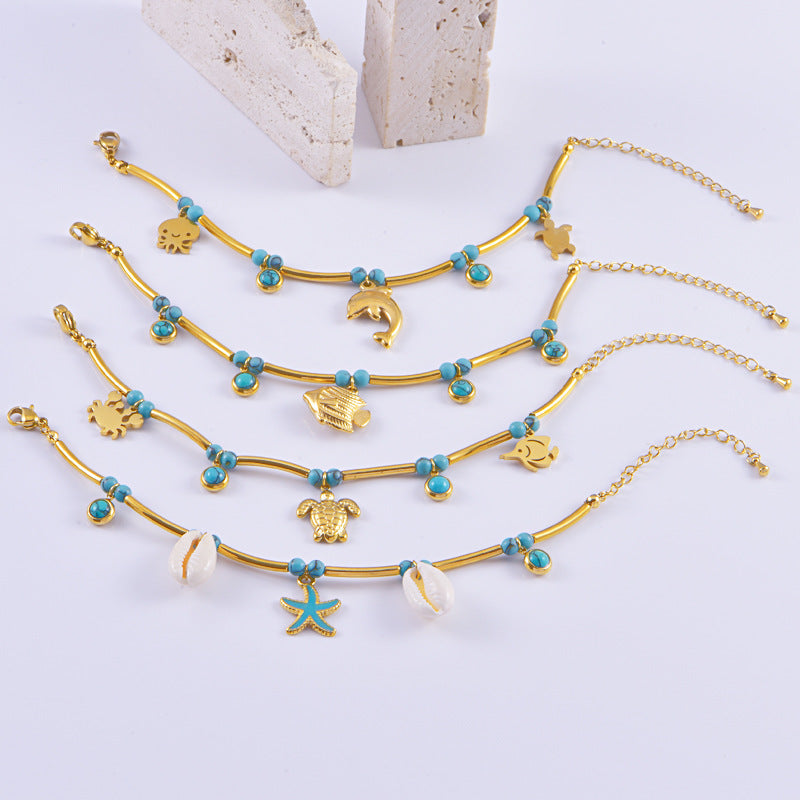Wholesale Titanium Steel Vacation Ocean Style Bracelet Turquoise Shell Dolphin Bamboo Bracelet