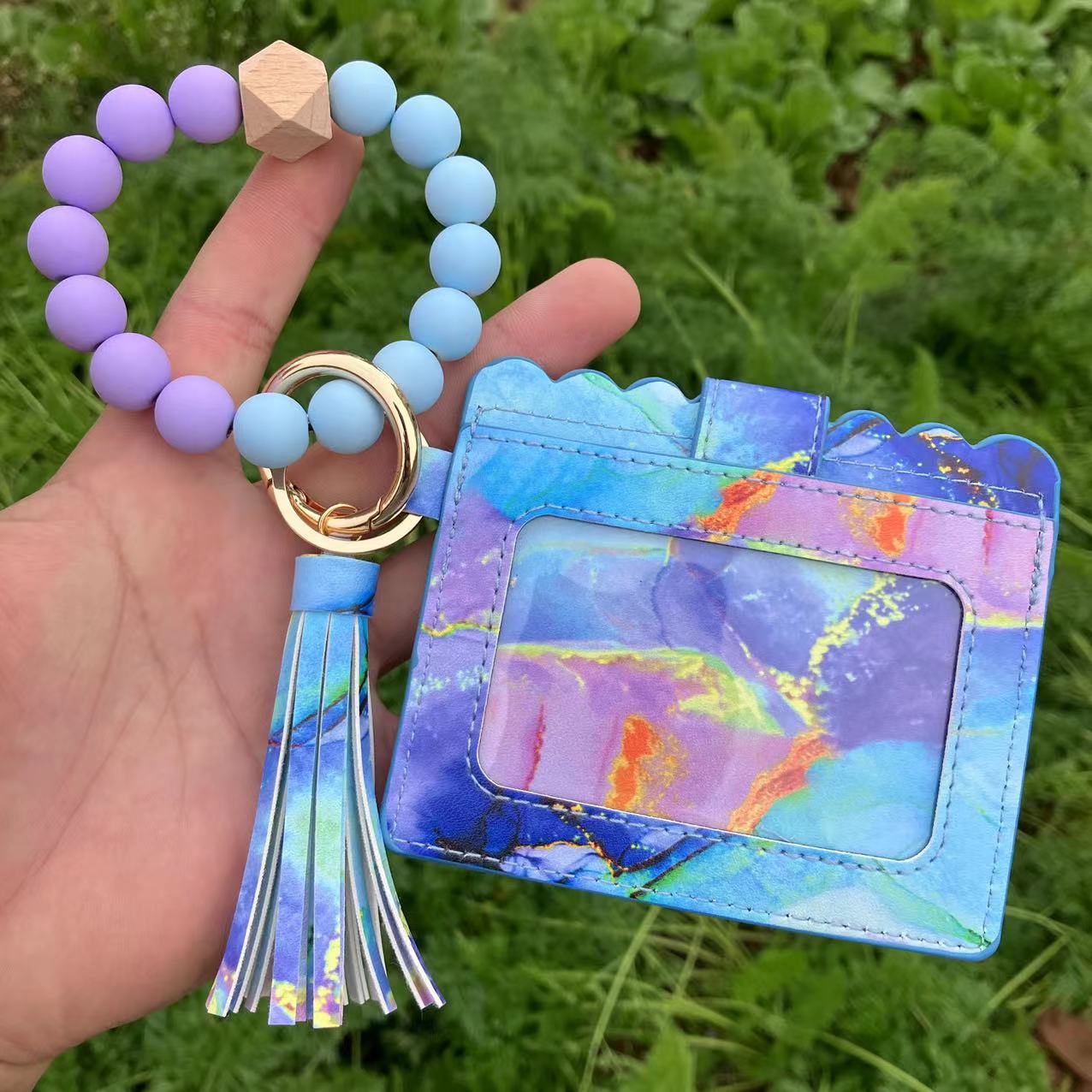 Wholesale Rose Bee Butterfly Silicone Beaded Card Holder Wristlet Keychain ACC-KC-QiuXue019