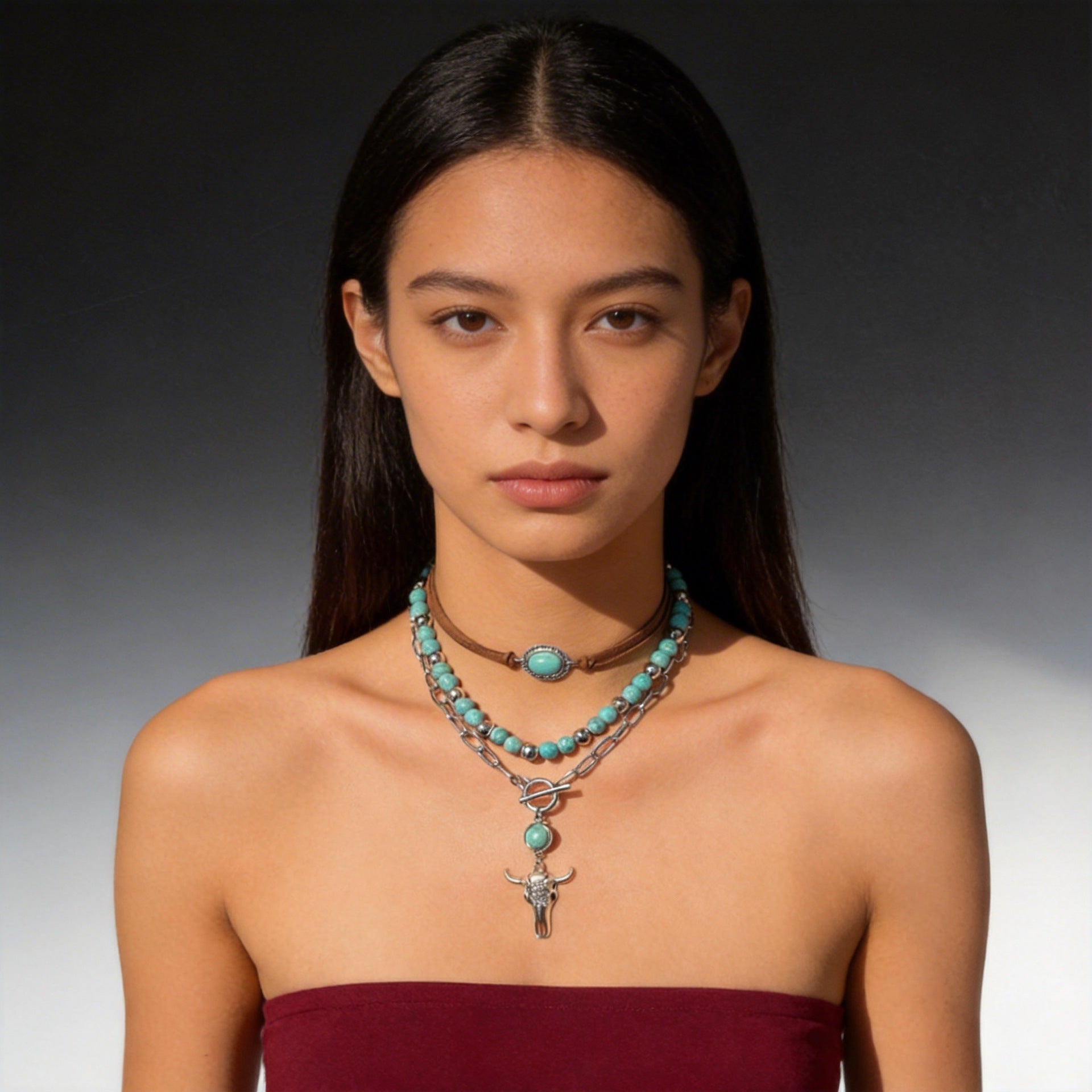 Wholesale Metal Bull Head Pendant Necklace Set with Natural Stone Accents,  Layered Chain,  Fashion Accessory for Women