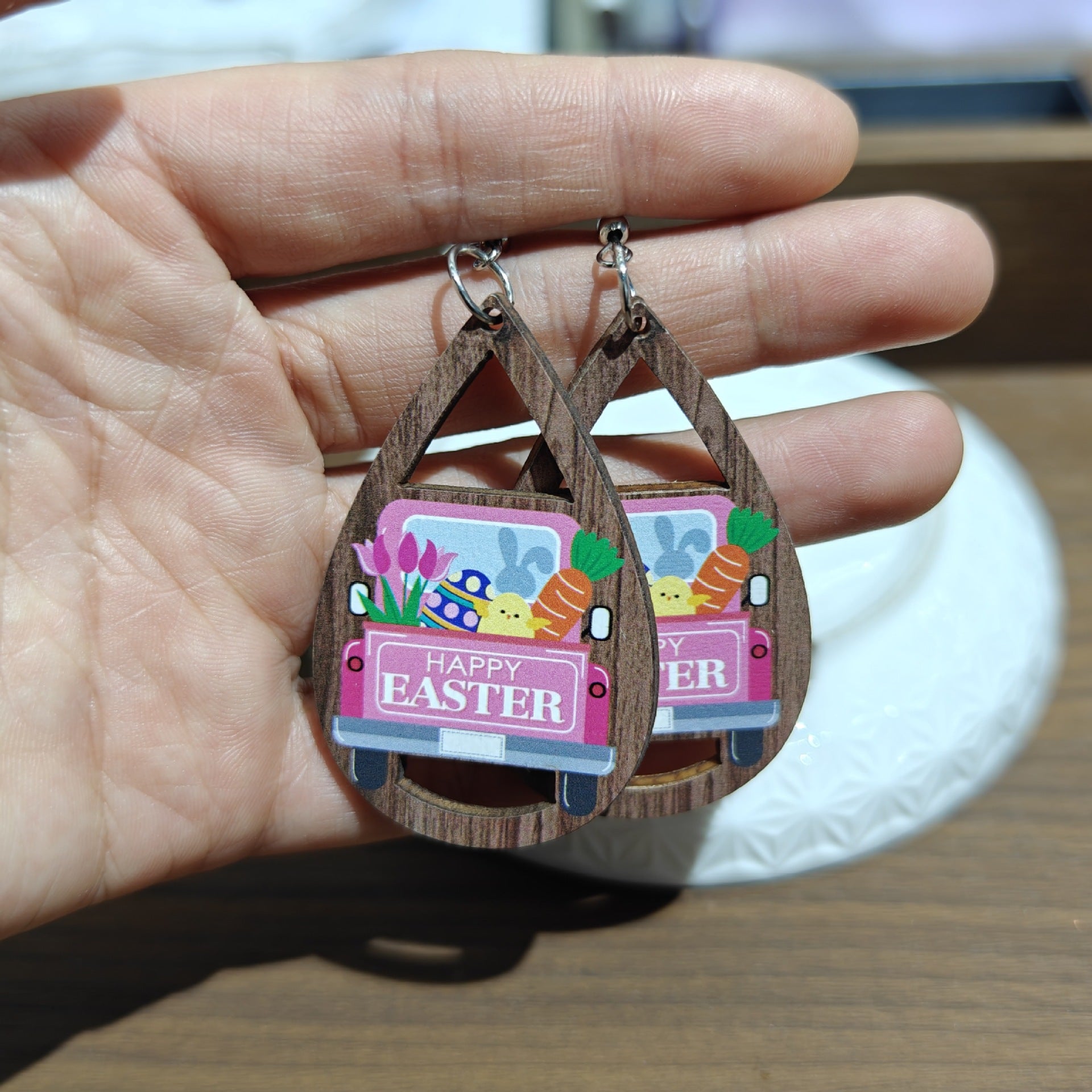 Wholesale Easter Wood Printed Colorful Earrings