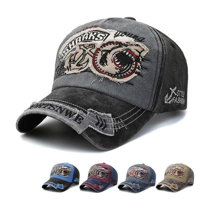 Wholesale Vintage Shark Denim Baseball Cap for Women Distressed Wash Sun Protection Fashion Accessory