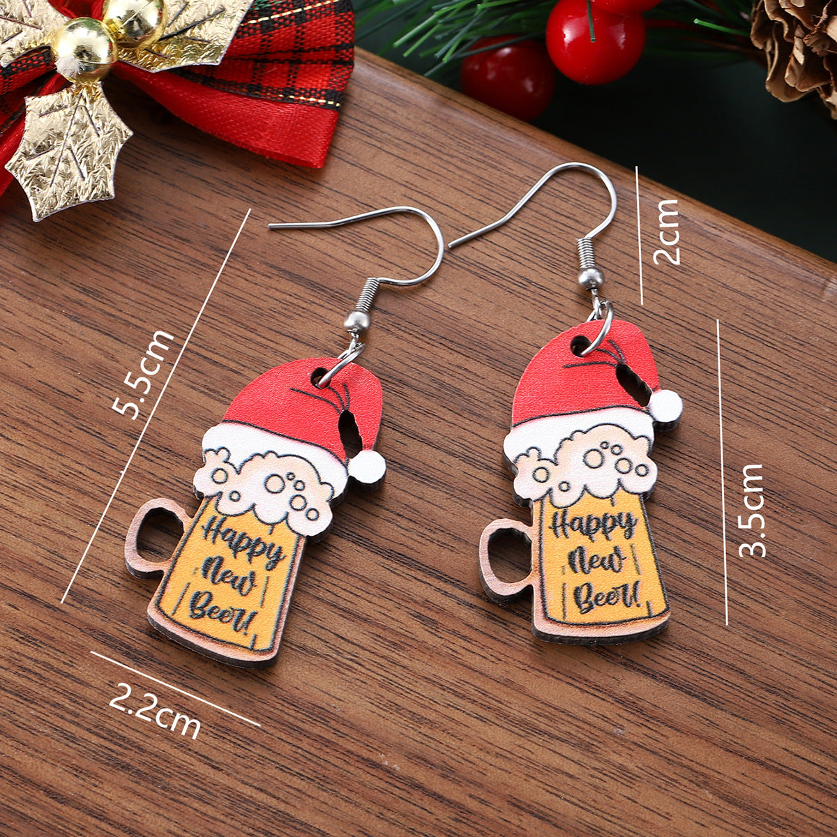 Wholesale Christmas New Year beer mug pendant earrings wooden double-sided earrings