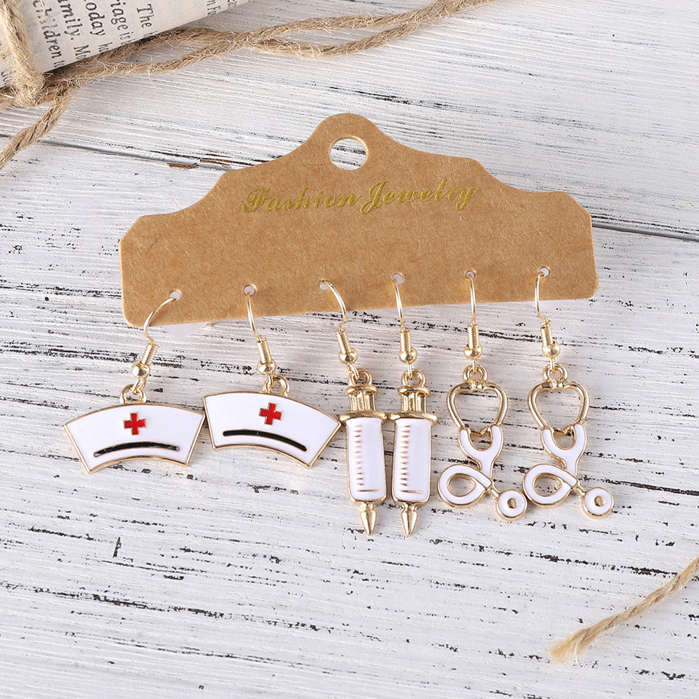 Wholesale Nurses Day nurse cap stethoscope syringe oil drop earrings set