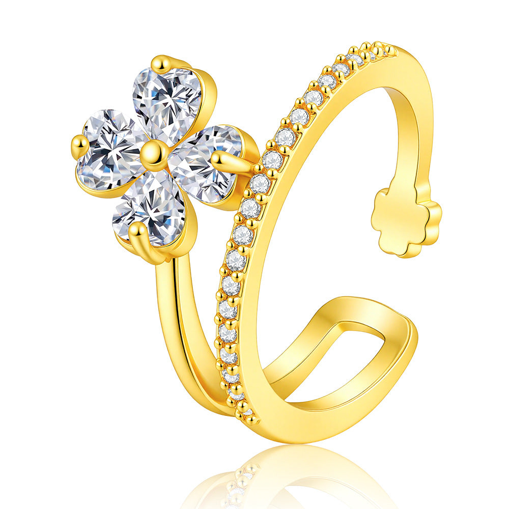 Wholesale Gold Four Leaf Clover Zircon Ring Elegant Fashion Jewelry Accessory For Gift Boutique Resale