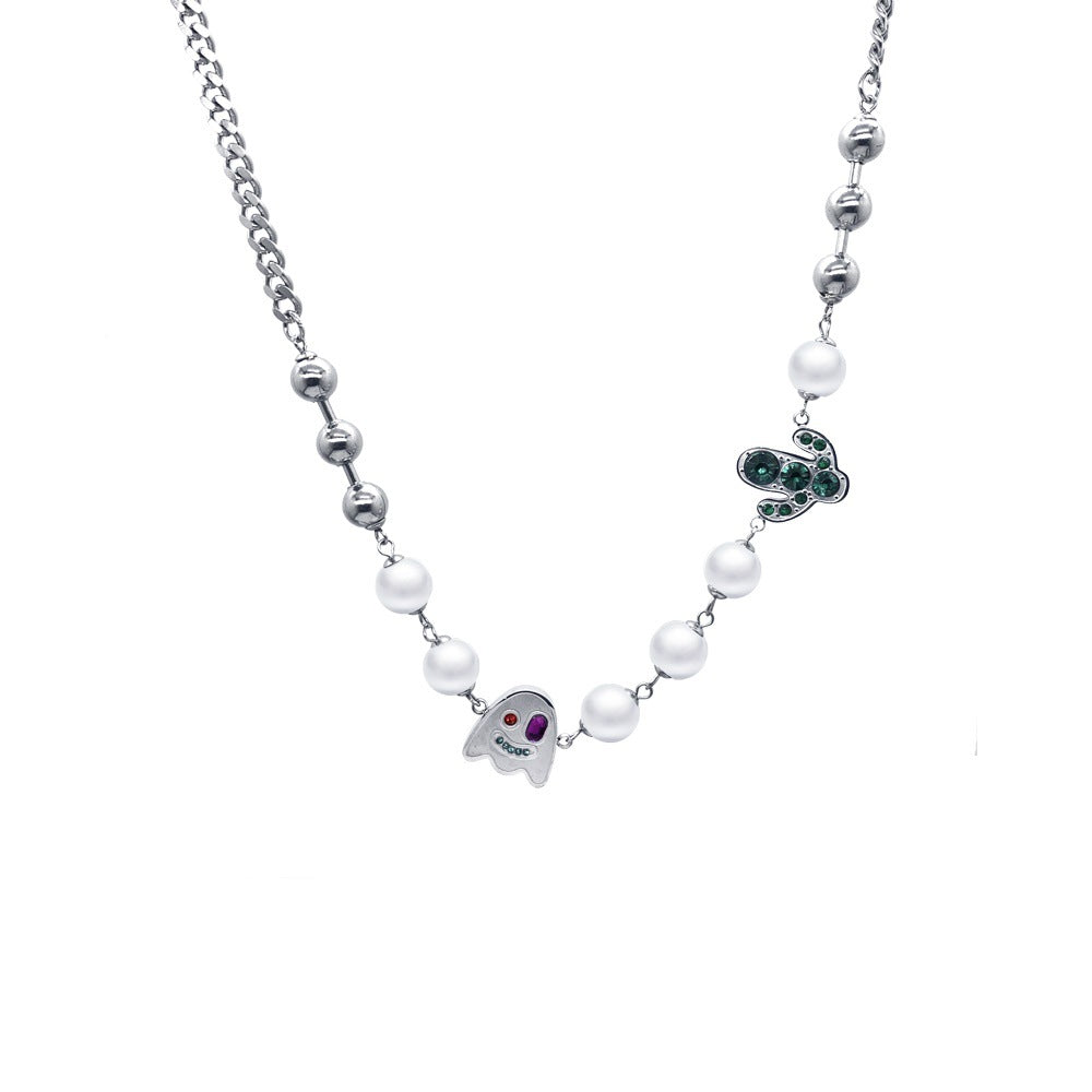 Wholesale Diamond-encrusted Funny Ghost Stitching Cactus Pearl Cuban Necklace