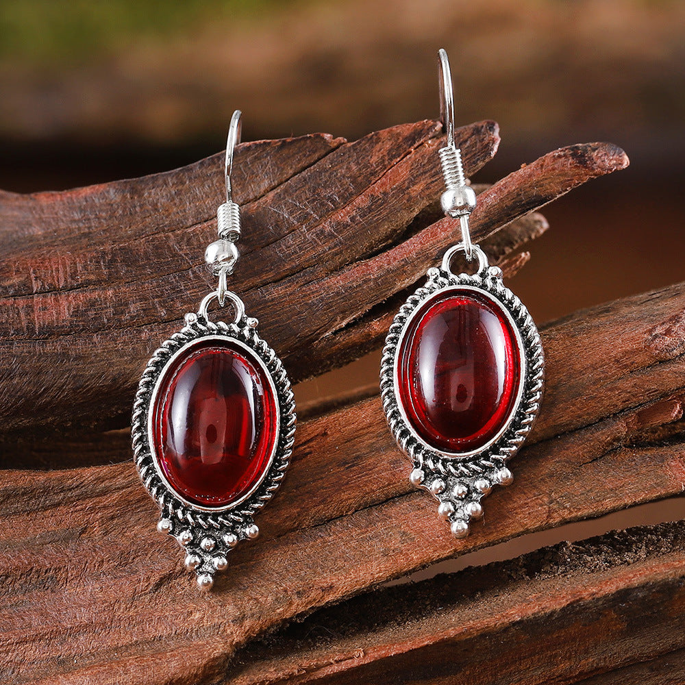 Wholesale Vintage Exquisite Embossed Ruby Oval Glass Pendant Earrings Necklace suit