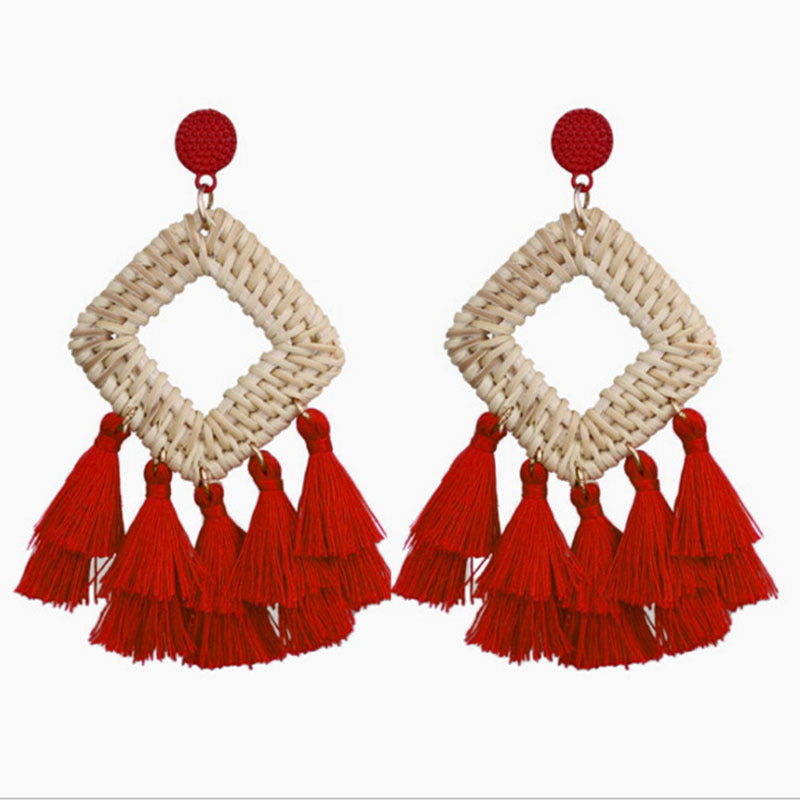 Wholesale Retro Exaggerated Bohemian Rattan Raffia Tassel Vintage Earrings ACC-ES-Boman001