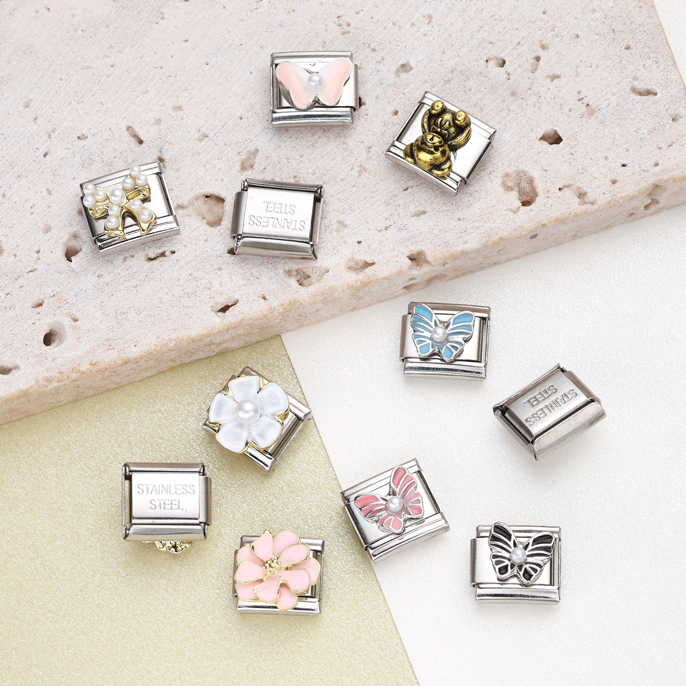 Wholesale 10pcs Italian Charm Bracelet 9mm DIY Splicing Flower Butterfly Stainless Steel Composable Bracelet