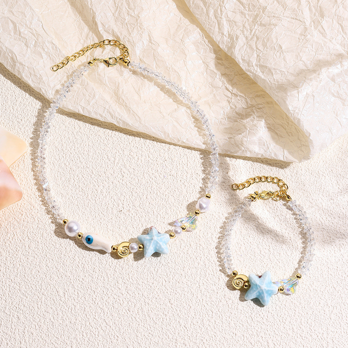 Wholesale Starfish shell necklace with marine resort style colorful crystal beaded necklace bracelet set