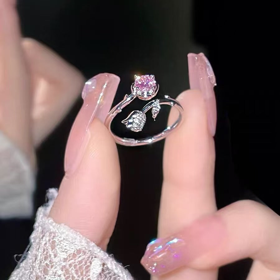 Wholesale Alloy Pink Zirconia Flower Ring Open Adjustable Band Fairy Style Women S Jewelry Everyday Wear Boutique Resale