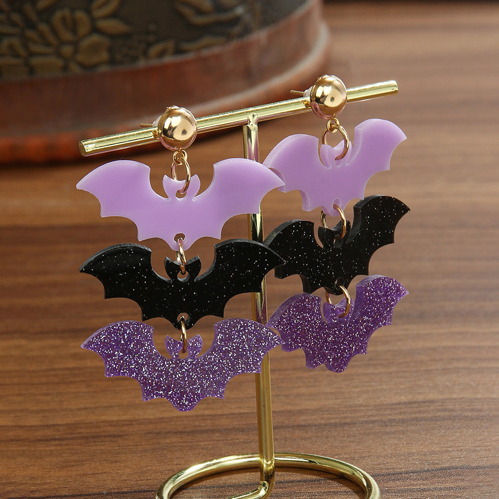 Wholesale  Halloween Acrylic Purple and Black Three Bats Acrylic Earrings